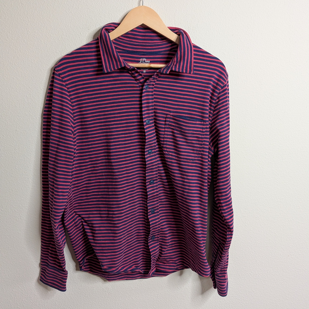 J.Crew Striped Button Up Shirt Mens Medium Red Blue‎ Slub Cotton Long Sleeve